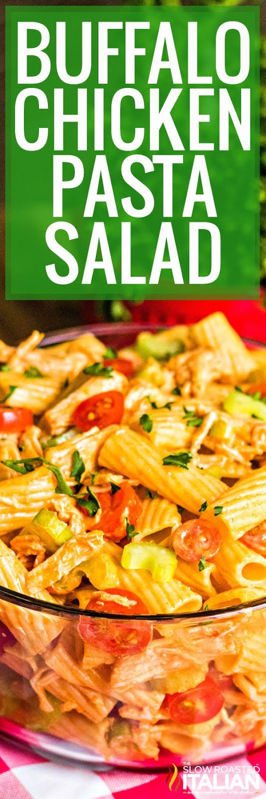 titled pinterest collage of buffalo chicken pasta salad