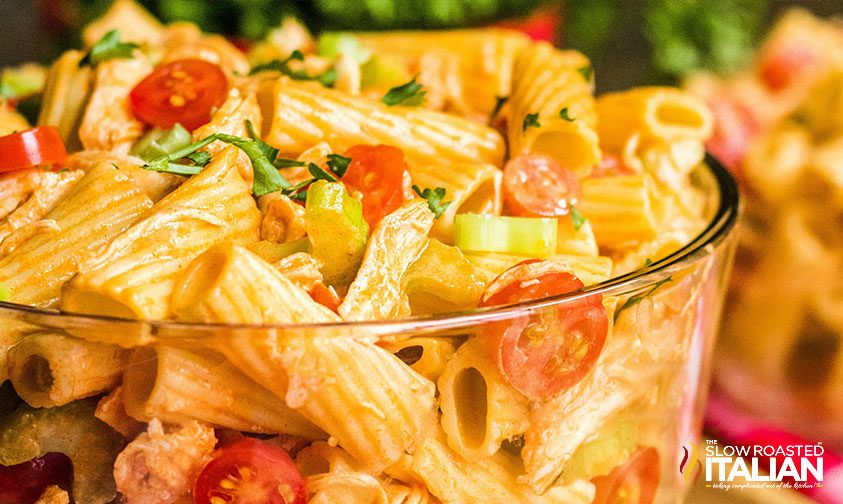 chicken pasta salad in a bowl, close up
