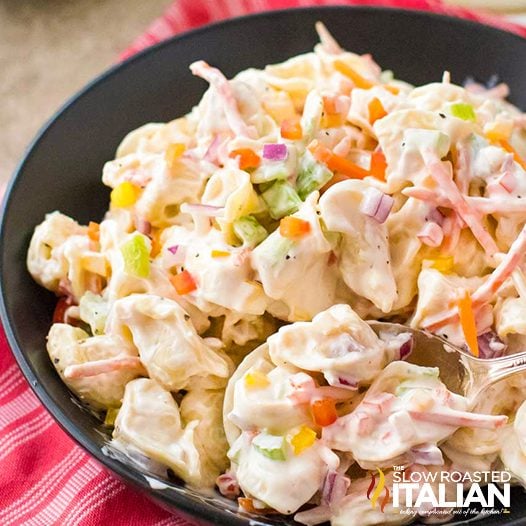 Creamy Pasta Salad with Peas and Bacon in a pan