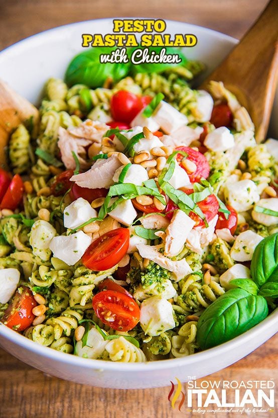 white meat and basil pesto sauce tossed with garden veggies and pasta