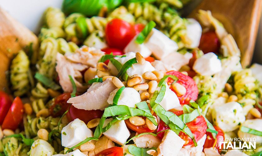 chicken pesto pasta salad, close up