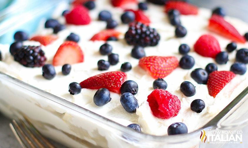summer berry icebox cake in glass pan