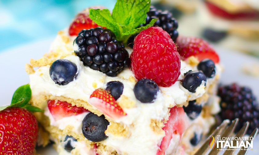 piece of summer berry cake on plate