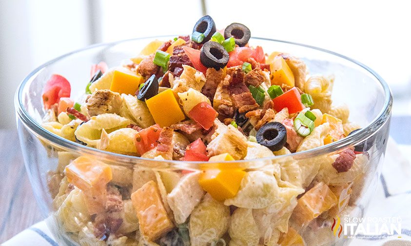 chicken bacon ranch pasta salad in glass bowl