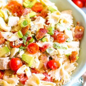 cobb pasta salad in white bowl