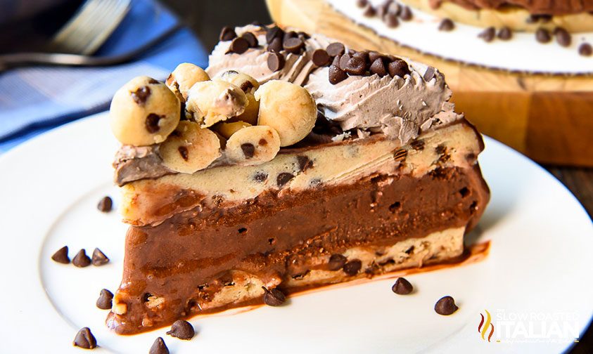 slice of no bake cookie dough ice cream cake