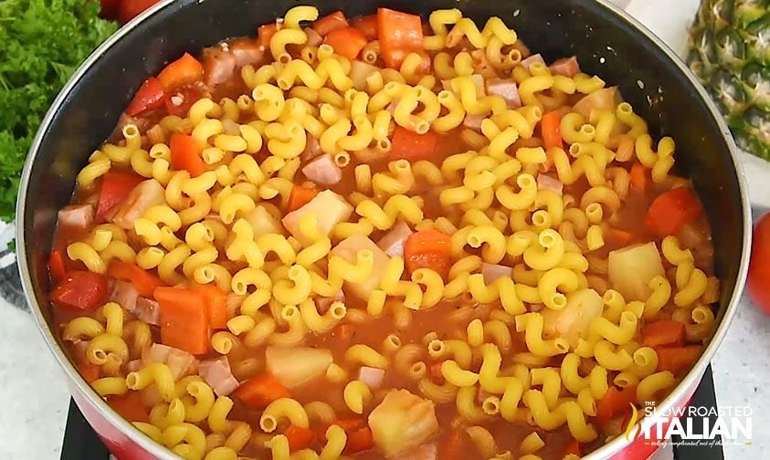 one pot pasta ingredients in Dutch oven pot