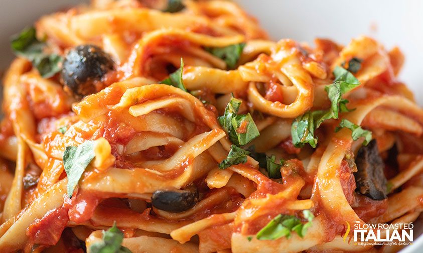 close up of one pot pasta puttanesca