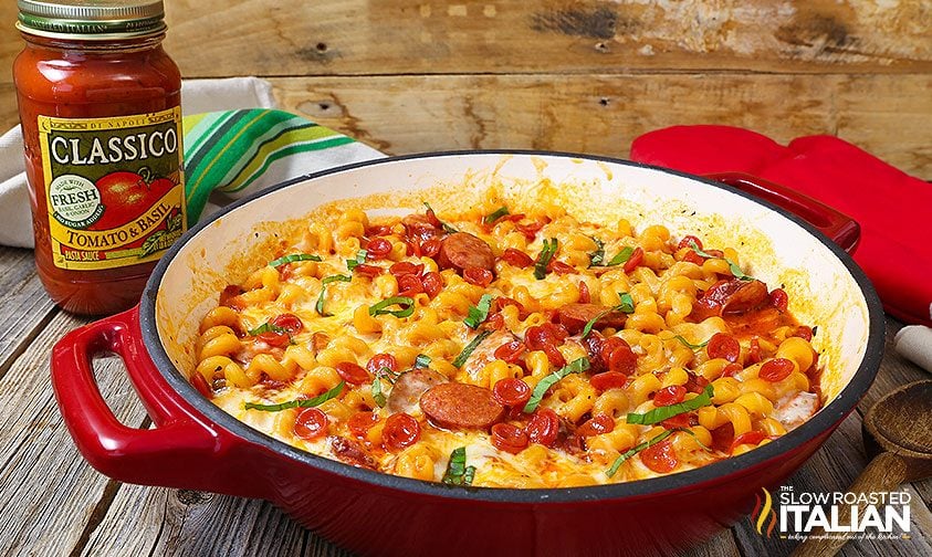 one pot pizza pasta skillet on table