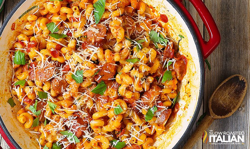 creamy pizza pasta in a skillet