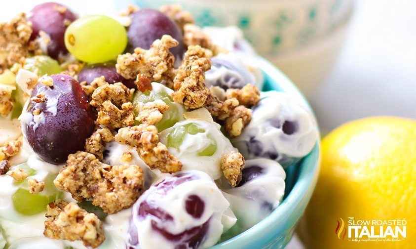 grape salad in blue bowl
