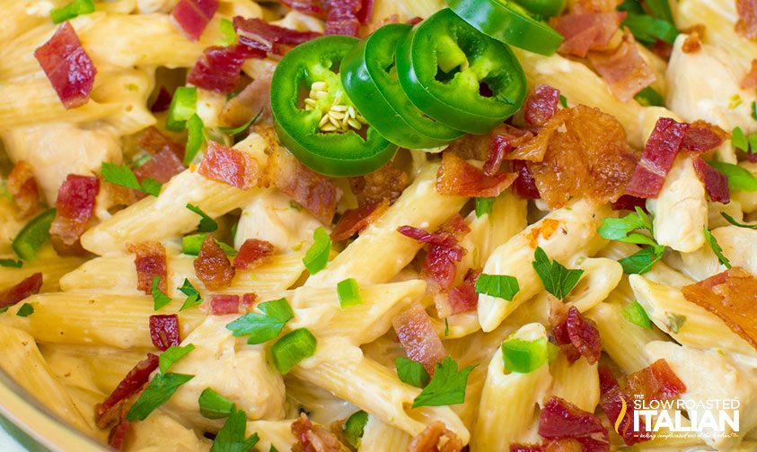 pan of jalapeno popper chicken pasta