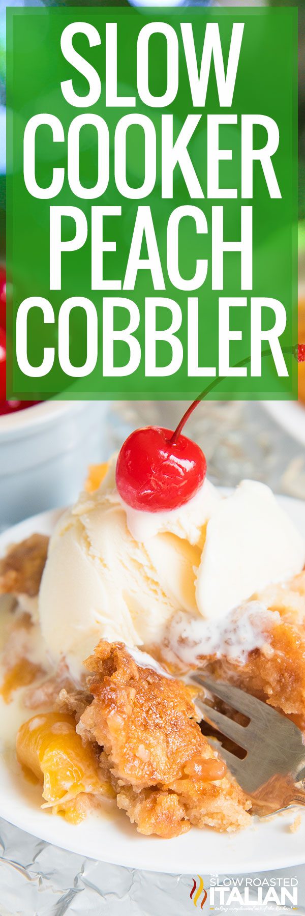 titled pinterest image for crockpot peach cobbler