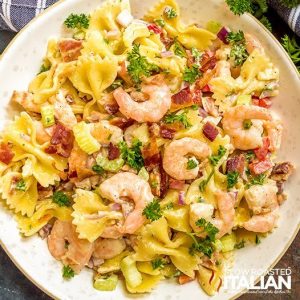 Bacon Shrimp Pasta Salad in a bowl