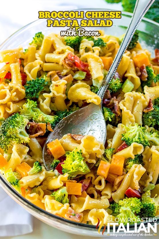 cheesy broccoli pasta salad in bowl with spoon