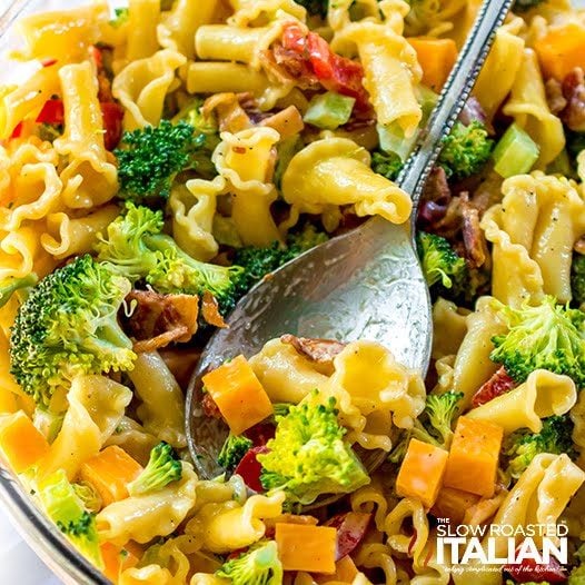 broccoli bacon pasta salad, close up