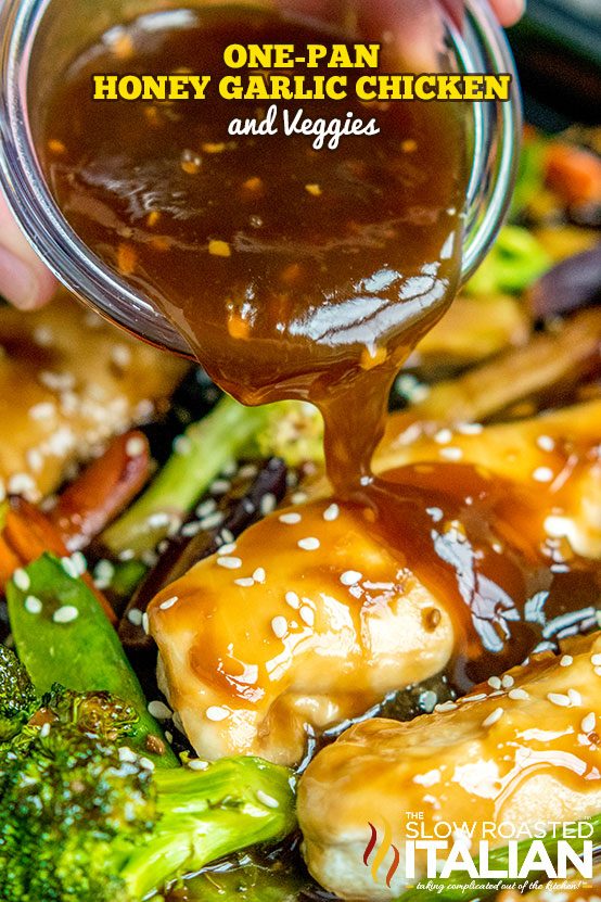 honey garlic sauce poured on chicken