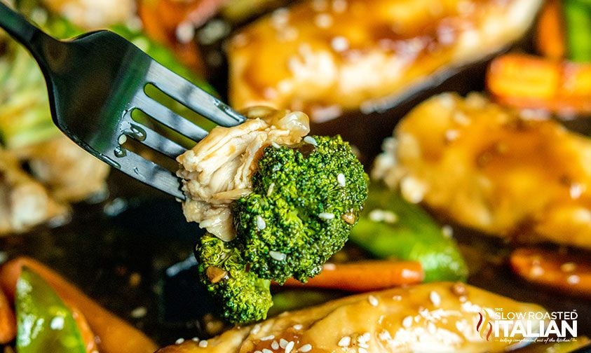 chicken and broccoli on a fork