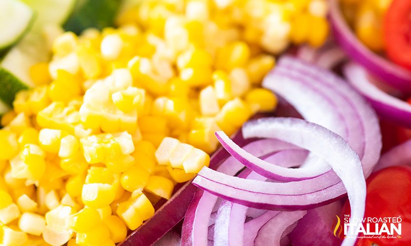 close up of seasonal summer vegetables in a salad