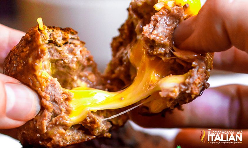 pulling apart cheese stuffed Tex Mex meatball