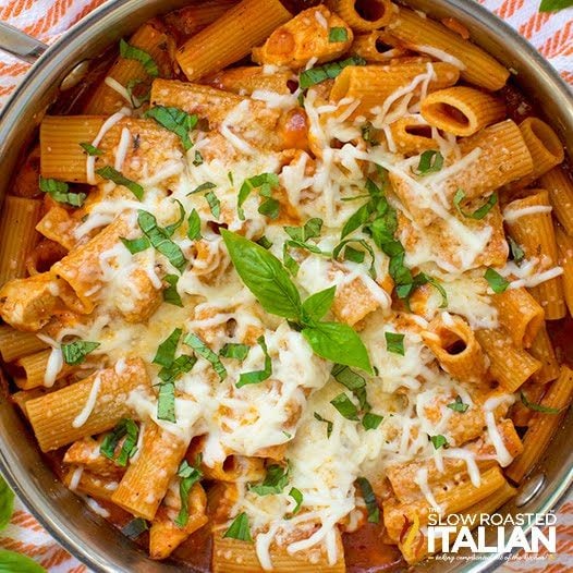 overhead: chicken rigatoni skillet meal