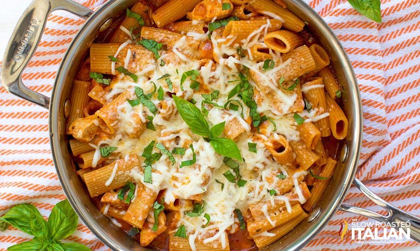 overhead: chicken and pasta in skillet