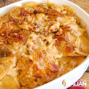 Bacon Cheddar Beer Potatoes Au Gratin in a pan