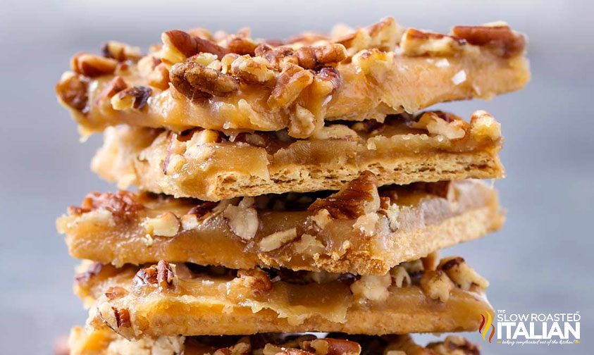 salted caramel pecan toffee bars cut and stacked