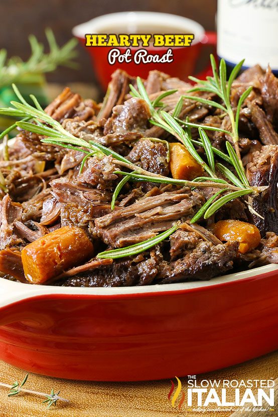 Hearty Beef Pot Roast in red pot