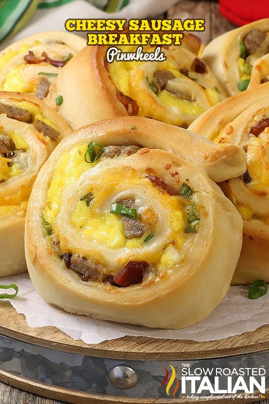 titled (and shown on platter) cheesy sausage breakfast pinwheels
