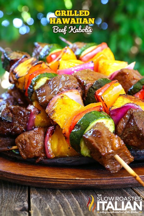 titled (shown on skewers) pineapple beef shish kabob