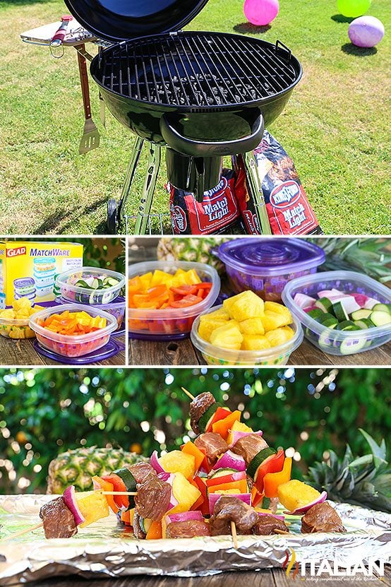 collage of charcoal grill and ingredients for beef kabobs recipe