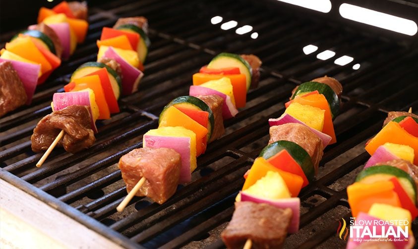 hawaiian steak on skewers, ready to be grilled