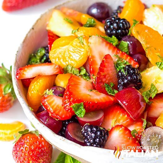 mojito fruit salad in white bowl