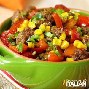 Spicy Mexican Corn Skillet with Sausage in a pan