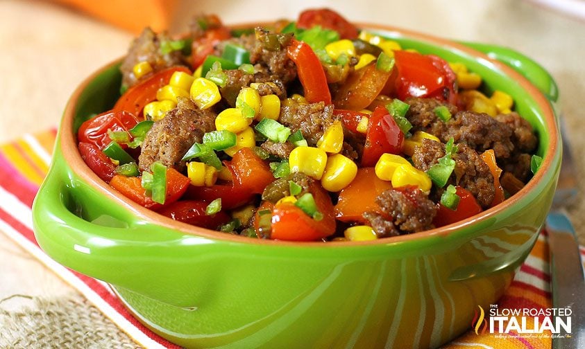 spicy mexican corn skillet meal with sausage