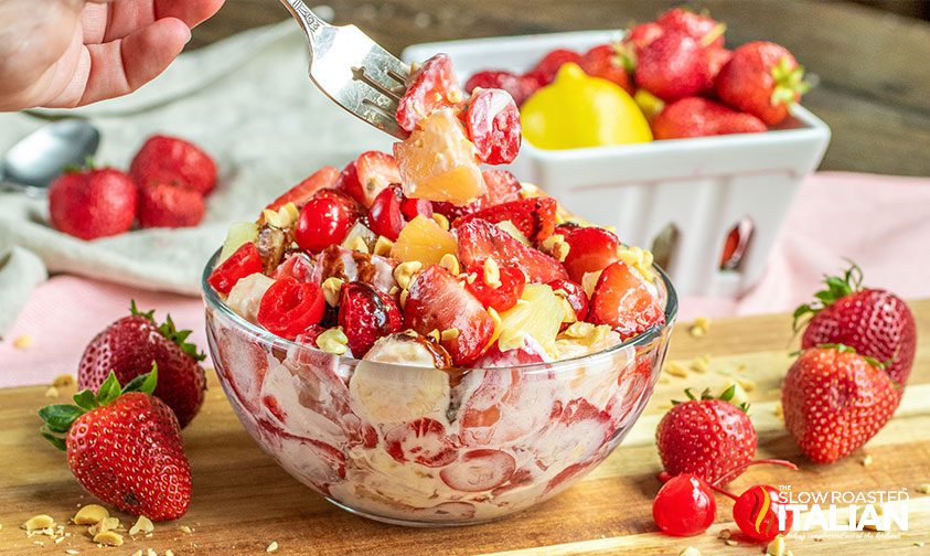 bowl of banana split cheesecake salad on board