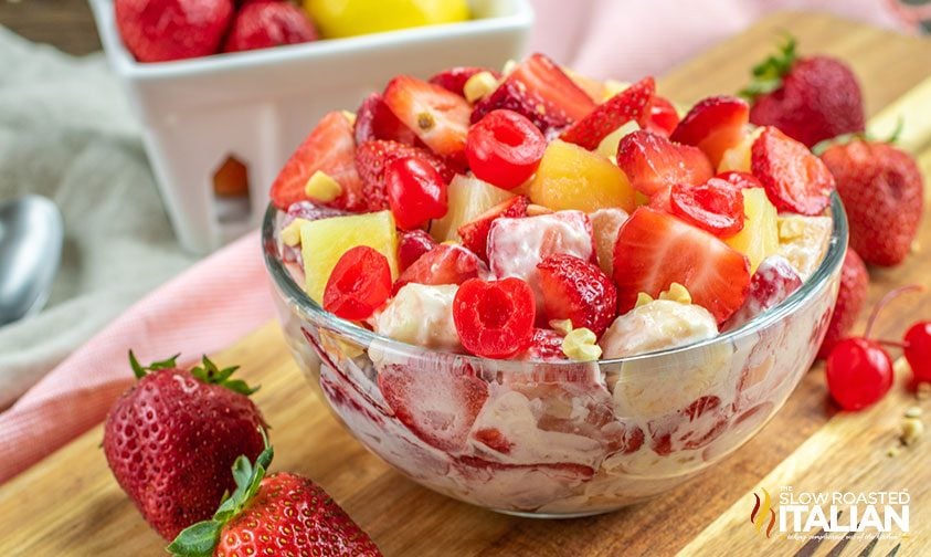 banana split cheesecake salad in a bowl