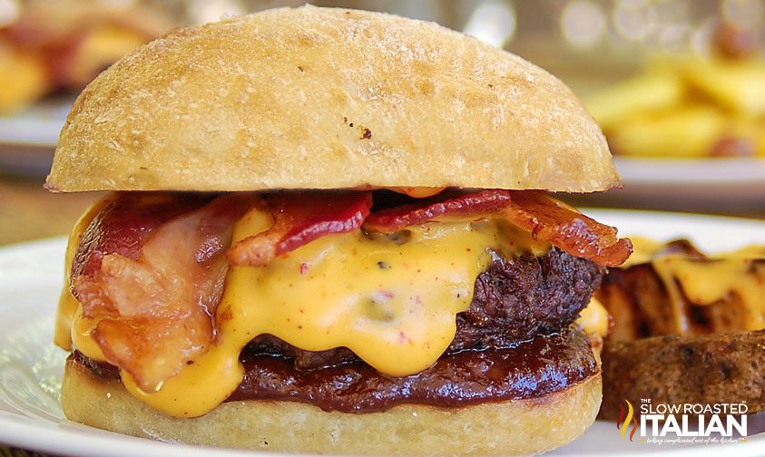 barbecue bacon cheddar smokehouse burger close up