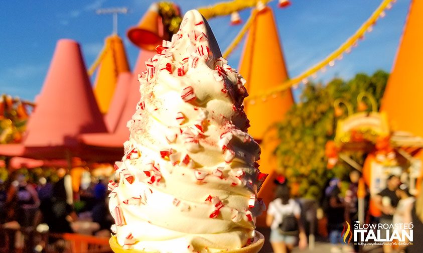 ice cream cone covered with candy cane chips