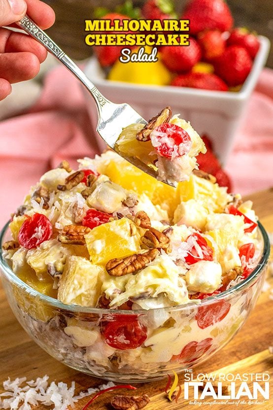 millionaire cheesecake salad in a glass bowl