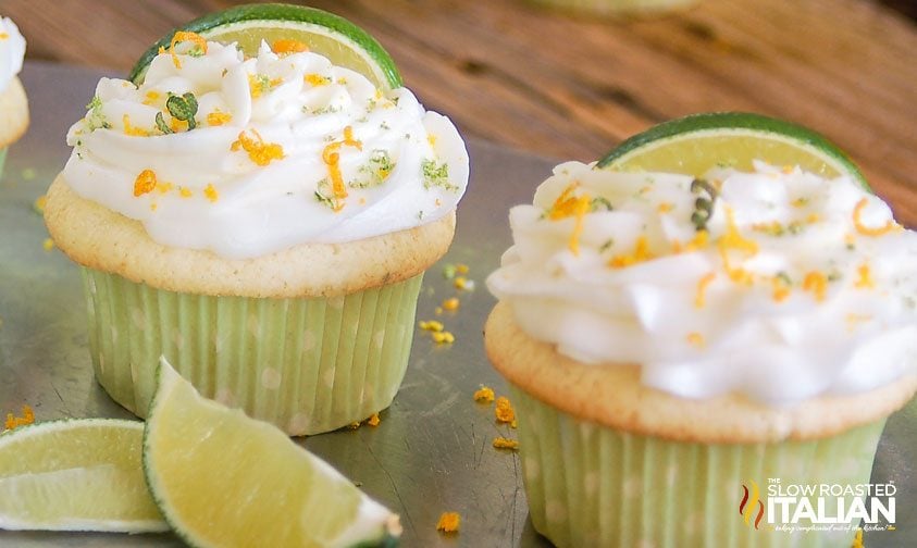 boozy margarita cupcakes with lime wedges