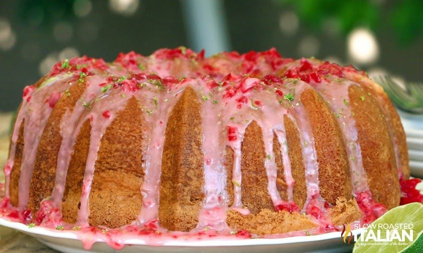 cherry glazed bundt cake on platter