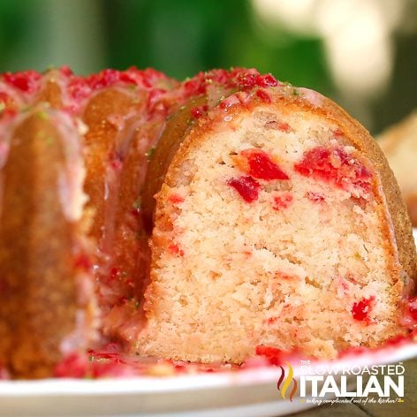 cherry bundt cake on platter