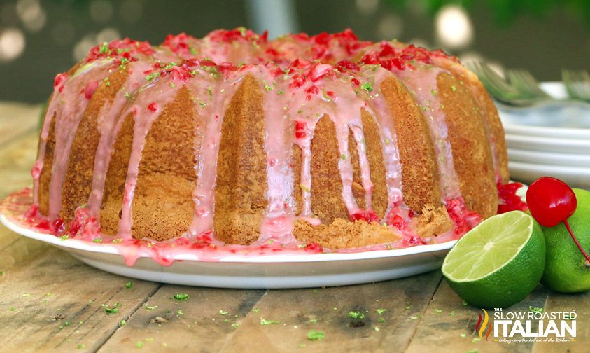 cherry 7up bundt cake on platter