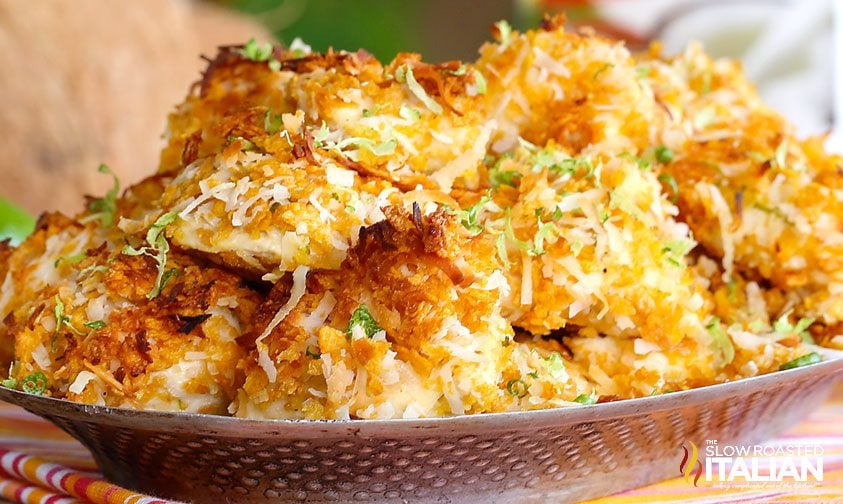 coconut lime chicken nuggets piled on a plate