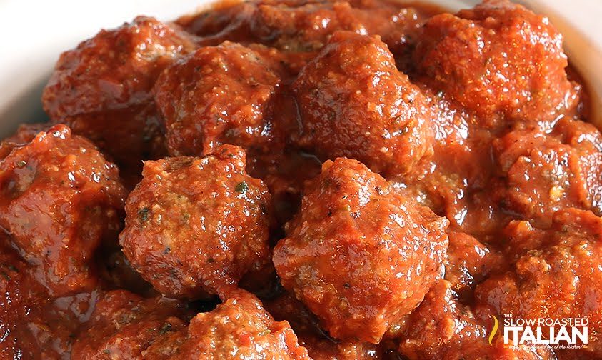close up of crockpot Italian meatballs -wide