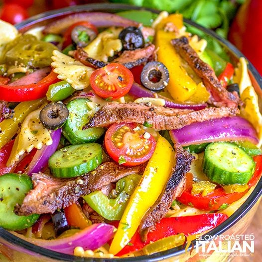 Steak Fajita Pasta Salad in a bowl