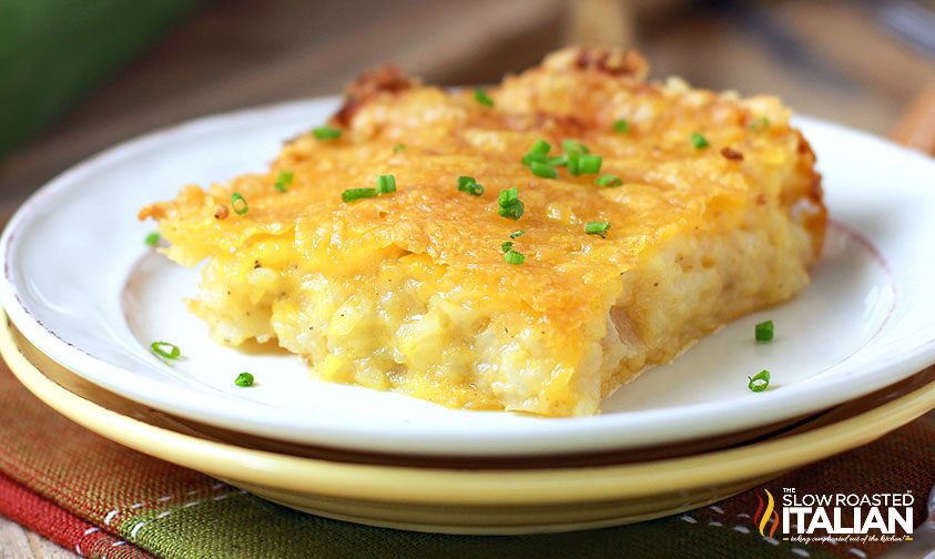 cracker barrel hashbrown casserole close up on a plate