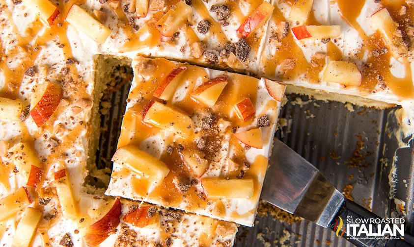 top view of caramel apple poke cake